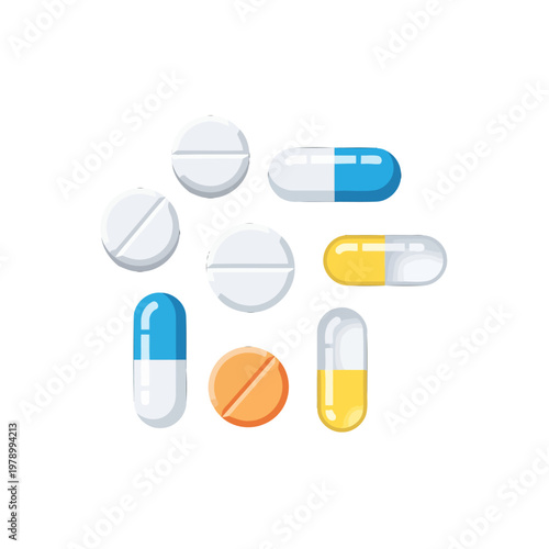 A collection of various colorful medical pills and capsules on a white background