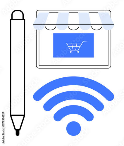 E-commerce, digital markets, mobile technology, online payments, wireless connectivity, remote access. Tablet with a shopping cart icon, wireless symbol and stylus. E-commerce and mobile technology