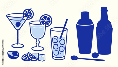 Blue line art collection of cocktails and bar tools