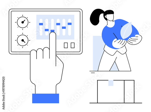 Renewable energy, environmental sustainability, smart systems, automation, clean energy, green technology. A hand adjusts controls, a person holds a leaf symbol. Renewable energy and environmental