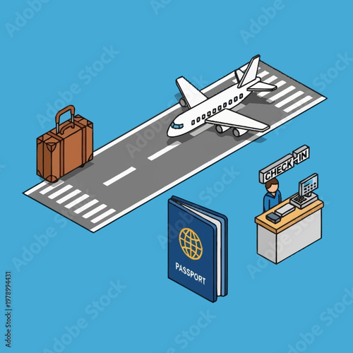 Air travel and tourism concept with airplane, luggage, and passport.