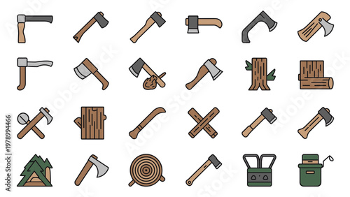 Axe Icon Set 28 Hatchet Woodwork Lumberjack Tool Vector Collection