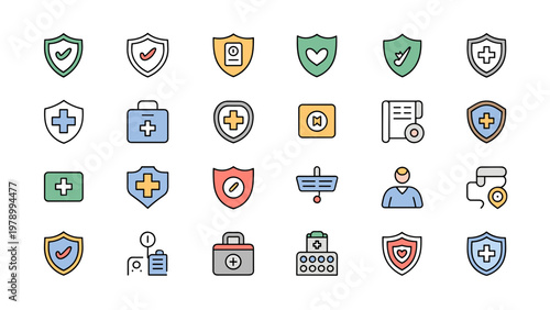 Health Insurance Icons 28 Line Flat Color Symbols Medical Shield Vector Set