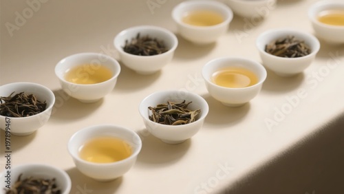 Arrangement of small white cups containing tea leaves and brewed tea on a light surface