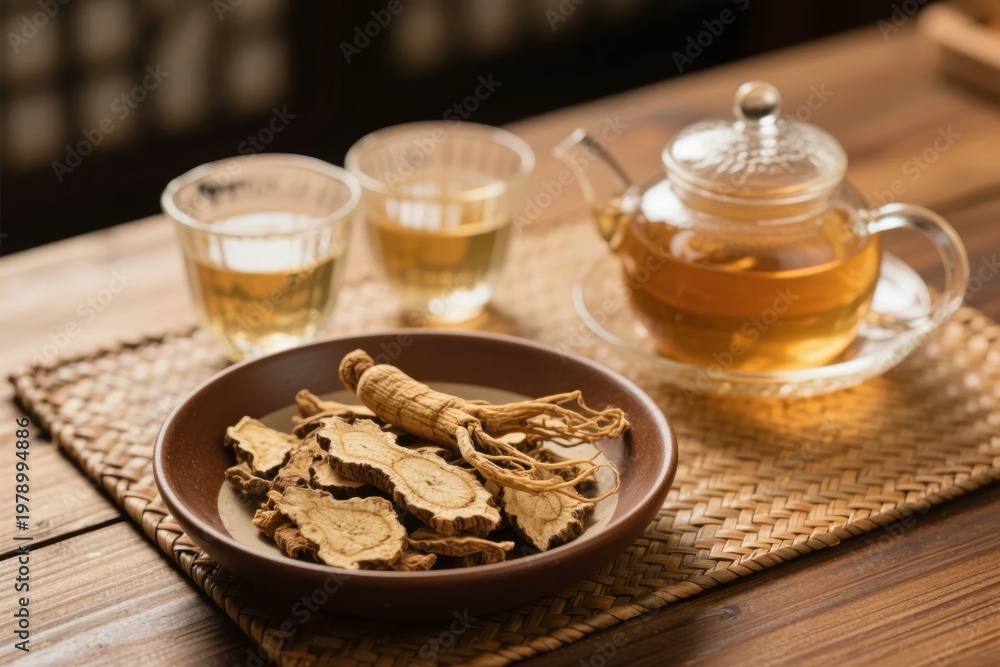 Fototapeta premium Dried herbs in a bowl with tea set on a wooden table