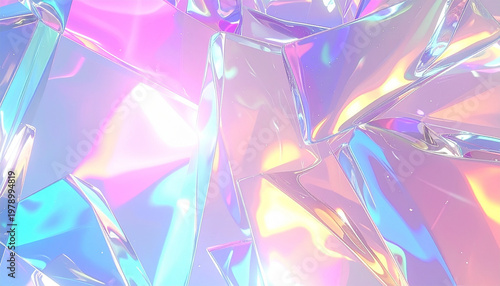 Geometric holographic foil texture with sharp prism reflections and neon glow