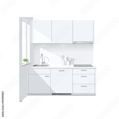 A clean and modern white kitchen interior design with minimalist furniture elements