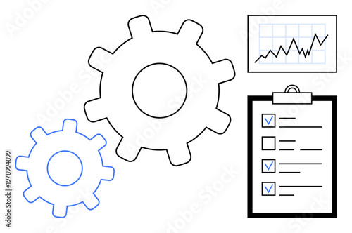 Business strategy, productivity, workflow management, task planning, goal achievement, efficiency improvement. Illustration of gears, a checklist and a growth chart. Business strategy