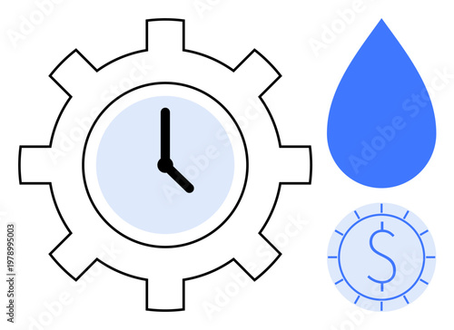 Time management, resource conservation, sustainability, productivity, cost reduction, eco-efficiency. A gear with a clock, water droplet and coin icon with dollar sign. Time management and resource