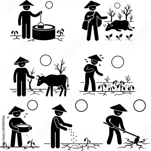 Farmer Facing Drought and Crop Failure Agriculture Crisis Concept Icon Set