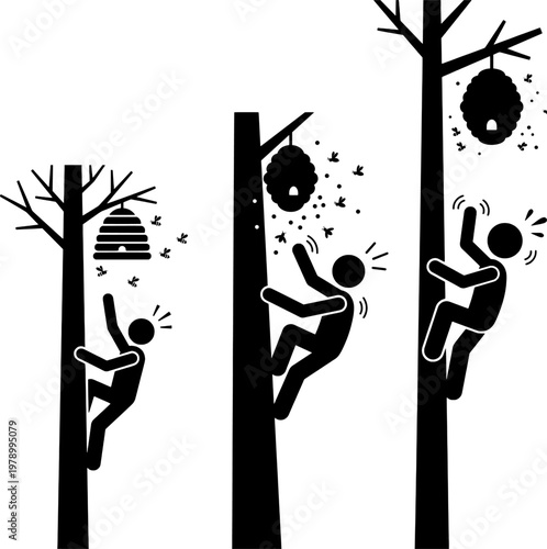 Bee Attack and Climbing Tree Escape Concept Icon Set