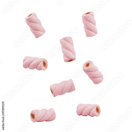 Several pink twisted marshmallows floating against a clean white background