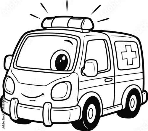Cute Cartoon Ambulance Coloring Page for Children.