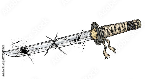 Broken Katana Sword with Cracked Blade and Splatter