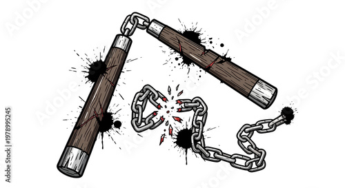 Broken Nunchaku with Splattered Ink