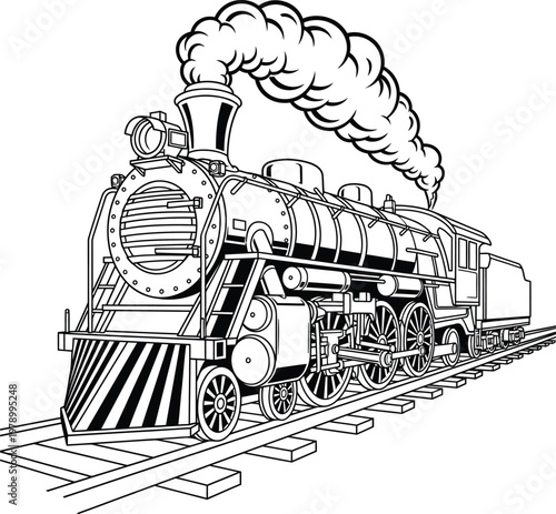 Detailed black and white illustration of a vintage steam locomotive train.
