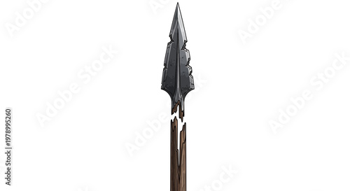 Broken spearhead on wooden shaft, ancient weapon, isolated on white background