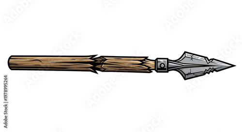 Broken wooden spear with metal arrowhead, isolated on white background, illustration