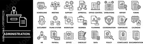 Administration outline icon collection set. Containing design management, business, office, professional, work, job