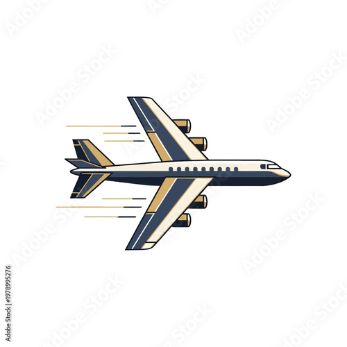 A stylized illustration of a commercial passenger airplane flying in the sky