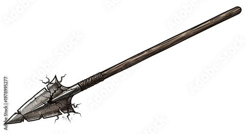 Cracked Stone Arrowhead on Wooden Shaft, Ancient Weapon Illustration