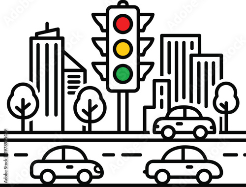 Minimalist vector illustration of city traffic with cars and traffic lights.