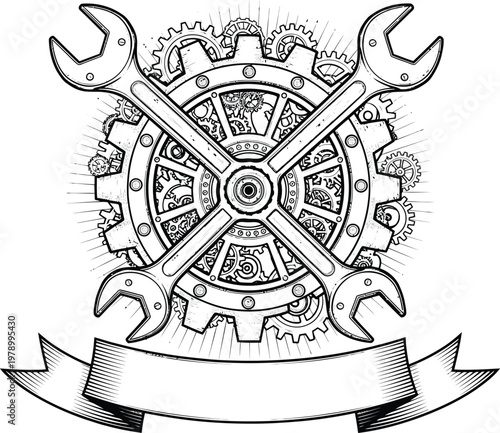 Industrial mechanical emblem featuring crossed wrenches and complex gear mechanism with ribbon banner.