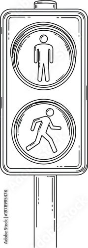 Sketch illustration of a pedestrian traffic signal with walking and standing figures.