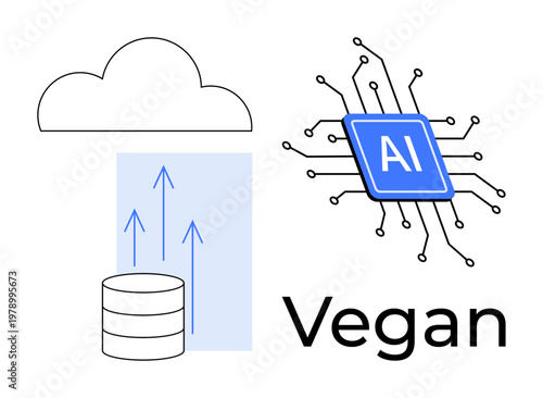Cloud computing, data processing, technology innovation, AI development, vegan branding, sustainable tech. Cloud with arrows, AI chip and the word vegan. Cloud computing and data processing concept