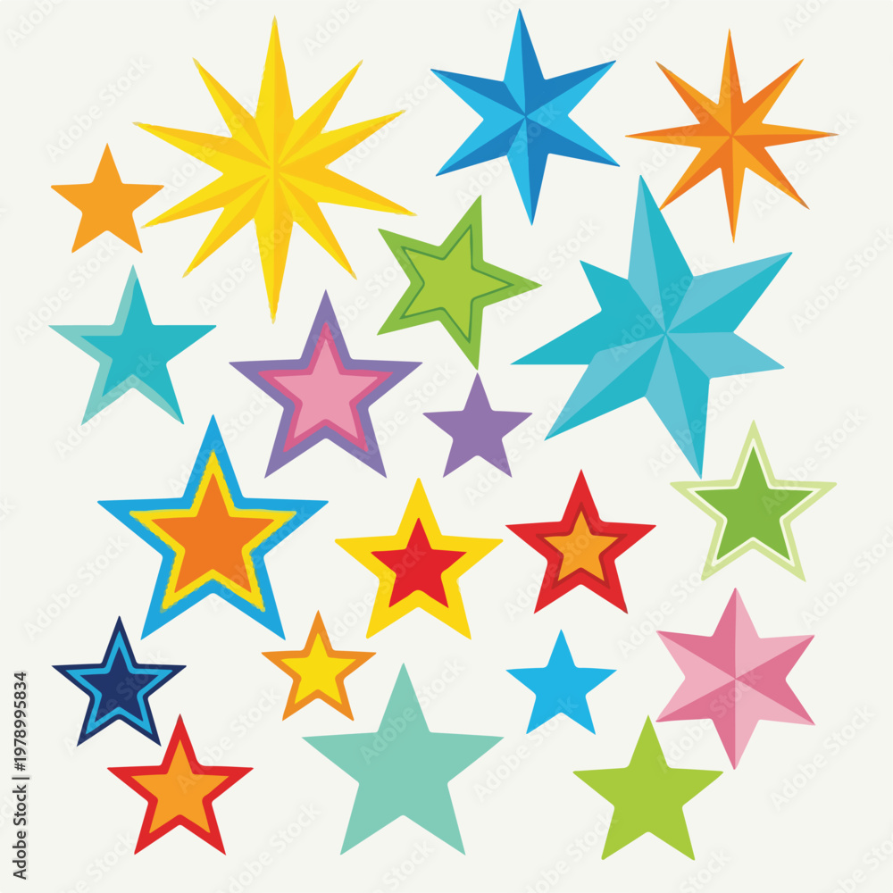 Fototapeta premium Colorful, diverse star shapes in various sizes on a white background