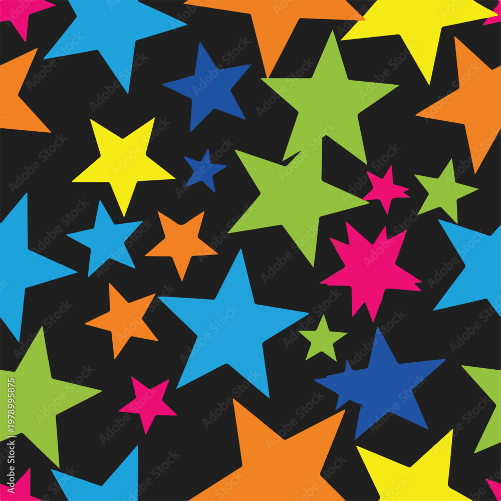 Fototapeta premium Colorful five-pointed stars on a black background, a seamless pattern