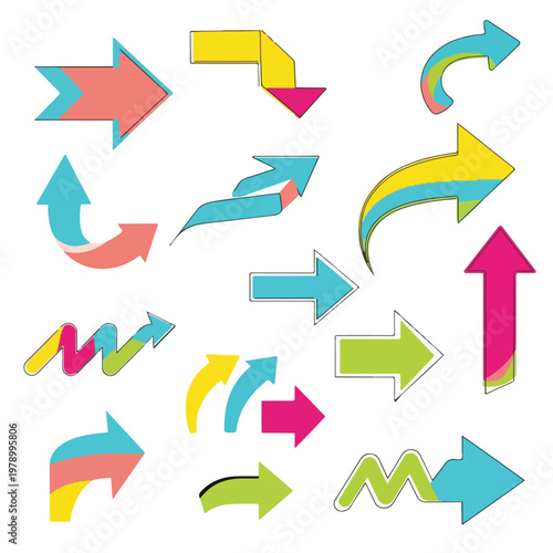 Colorful, diverse set of arrows in different shapes and directions