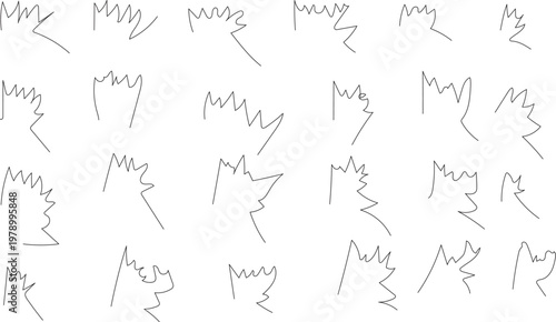 Collection of hand drawn black outlines of abstract organic shapes and mountain peaks on white background