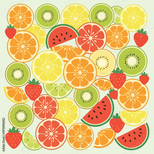 Colorful, flat lay design showcasing sliced fruits including kiwi, lemon and orange