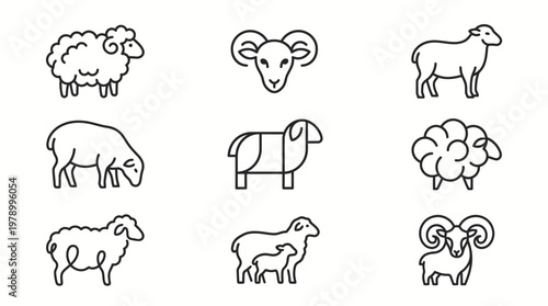 Collection of various sheep and ram outline icons, showcasing different breeds and poses in a minimalist style.