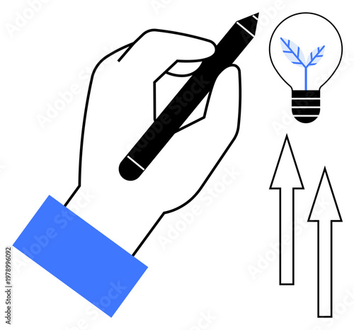 Creativity, innovation, productivity, design thinking, growth strategy, success. A hand holds a pen beside a light bulb with a tree-thumbs up design and upward arrows. Creativity and innovation focus
