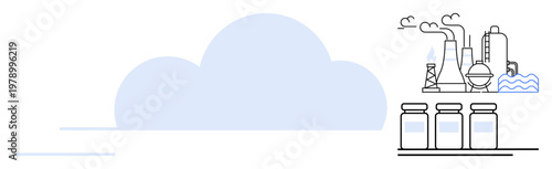 Environmental impact, pollution, sustainability, industrial production, manufacturing processes, air quality. Industrial plant emitting smoke next to a bottling process. Environmental impact