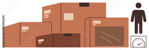 Shipping, logistics, delivery, packaging, supply chain, workload. Multiple cardboard boxes with labels. Human outline and weight scale shipping and logistics concepts