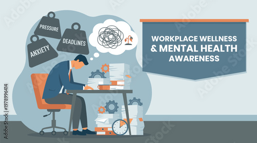 Vector illustration of a businessman overwhelmed by heavy weights of anxiety, pressure, and deadlines at a messy desk. Concept of burnout, mental health, and workplace wellness