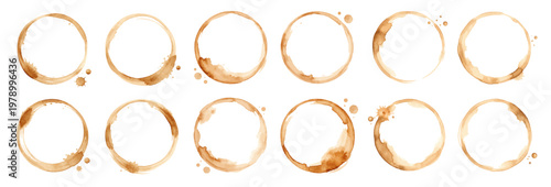 A watercolor collection of coffee cup stains featuring brown circular mug ring marks and splash effects illustrated in a textured hand-painted style.