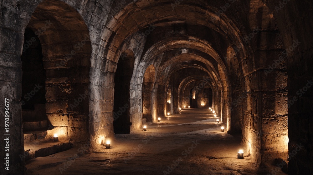 Obraz premium catacomb. An underground stone corridor with arched niches receding into darkness, dim candlelight. real-estate listings.