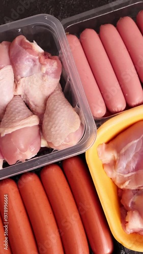 Colorful display of fresh meats and sausages ready for grilling at a local market on a sunny afternoon