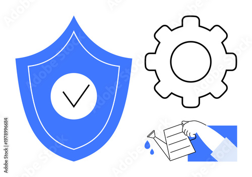 Security, operations, growth, nurturing, reliability, efficiency. Blue shield with checkmark, gear icon and hand watering plant. Security and operations concept outlined through clear graphics