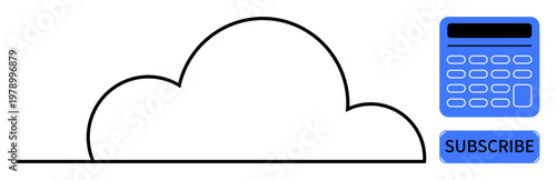 Cloud storage, web tools, productivity, data analysis, software as a service, technology access. A cloud icon, calculator and subscribe button. Cloud storage and digital tools theme