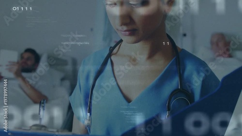 Indian nurse viewing digital overlay, checking blue folder to review patient notes, smiling in ward