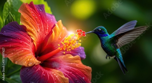 A vibrant hummingbird hovers near a colorful hibiscus flower in a lush green environment.