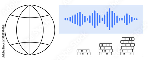Data connectivity concept. Symbolic globe, soundwave analytics, and financial stacks data exchange, analytics, and global economy. For technology, finance, AI global business and communication
