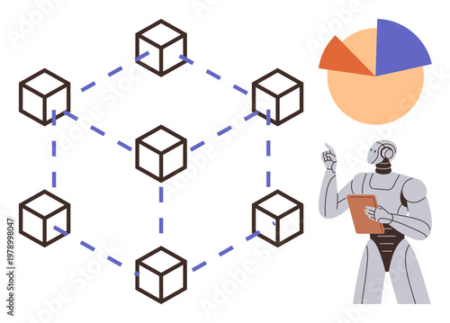 Blockchain, artificial intelligence, data analysis, automation, technology advancement, innovation. Robot with clipboard pointing at pie chart and connecting blocks. Blockchain and artificial