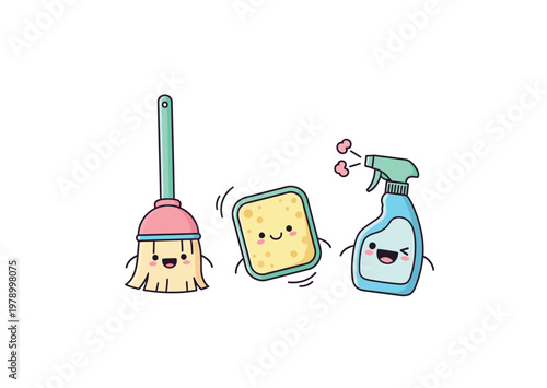 Cartoon cleaning supplies with smiling faces.