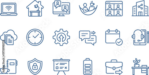 Versatile set of blue line icons for remote work, business, technology, communication, and productivity.